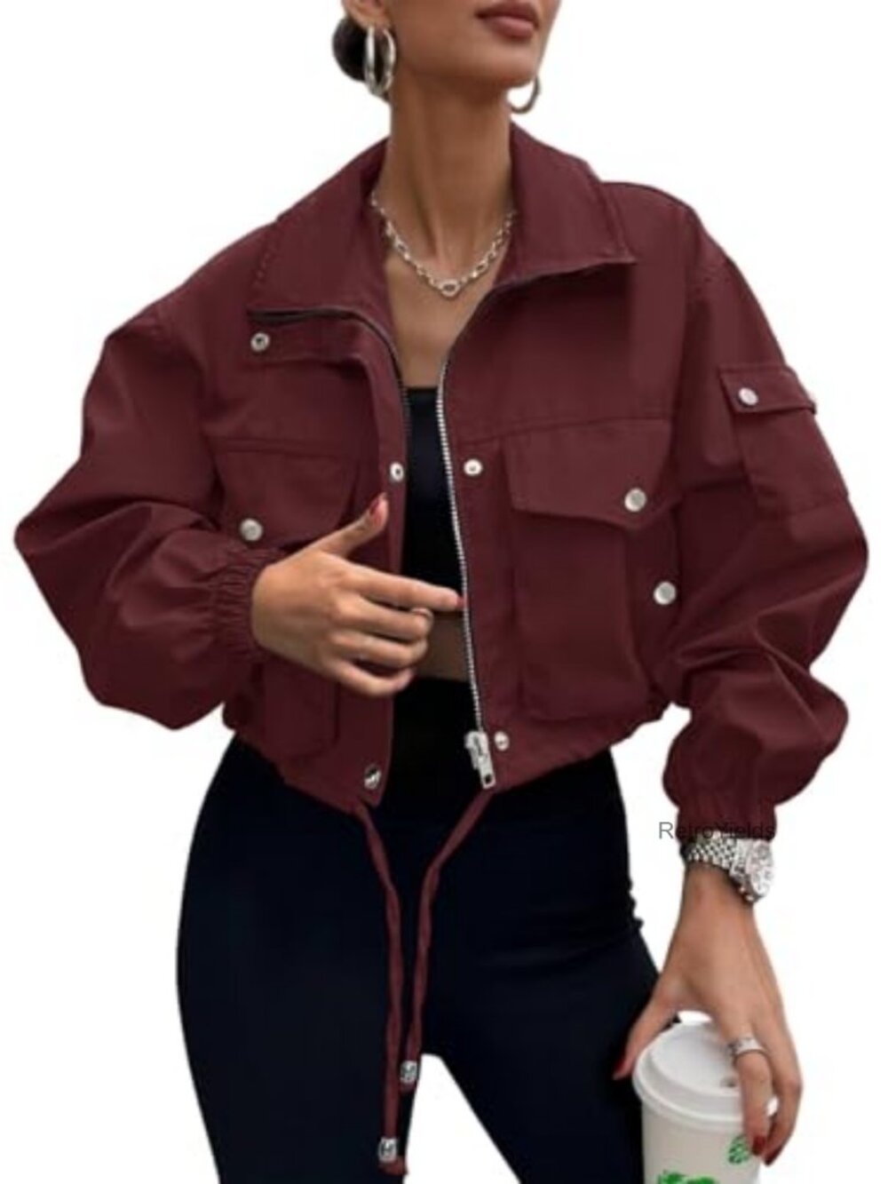 Women's Lightweight Cropped Bomber Jacket Zip Pockets Polyester